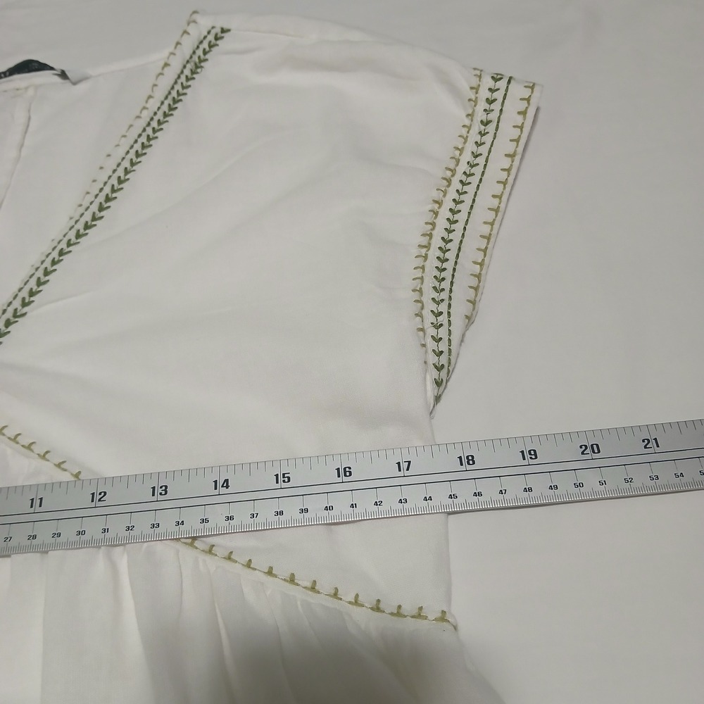 Zara White Embroidered Dress Womens Extra Small XS Green Trim Boho Chic - Picture 6 of 8